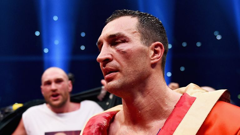 Tyson Fury looks on as Wladimir Klitschko reflects on his defeat in Dusseldorf