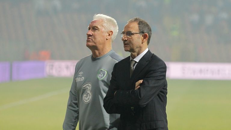 ZENICA, BOSNIA AND HERZEGOVINA - NOVEMBER 13. Head coach Martin O'Neill (R) of Ireland looks on prior the EURO 2016 Qualifier Play-Off First Leg match at B