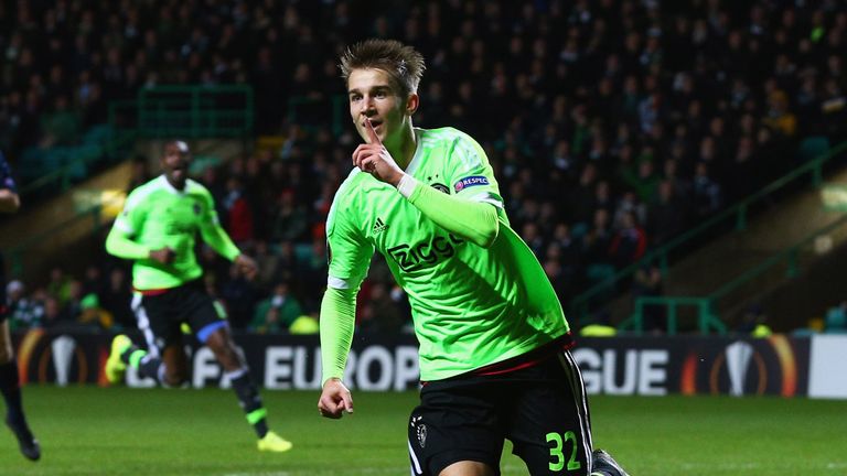 GLASGOW, SCOTLAND - NOVEMBER 26:  Vaclav Cerny of Ajax celebrates as he scores their second goal during the UEFA Europa League Group A match between Celtic