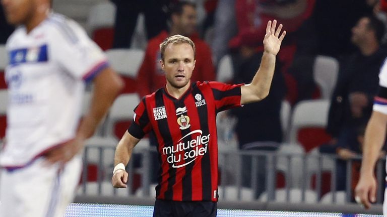 Nice forward Valere Germain celebrates after scoring a goal 