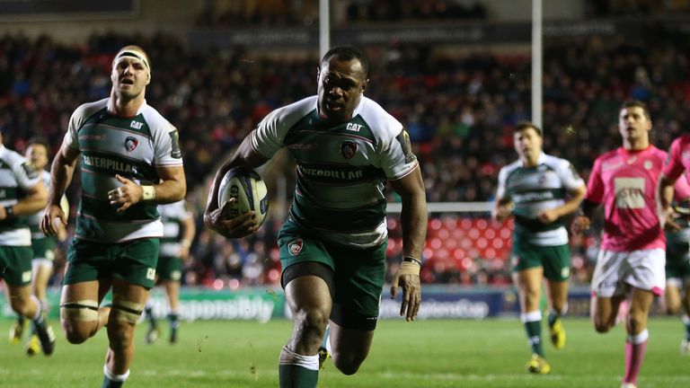 Vereniki Goneva of Leicester breaks clear to score a try during the Eurpean Rugby Champions Cup match between Leicester and Stade Francais