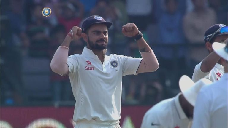 Virat Kohli celebrates India's victory in the third Test