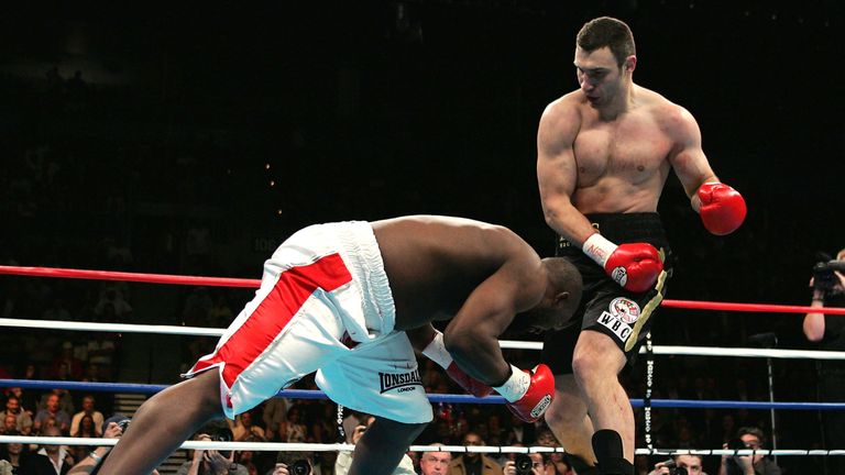 Vitali Klitschko of Ukraine knocks down Danny Williams of England in the first round on his way to winning by TKO at 1:26 of t