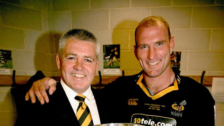 Wasps head coach Warren Gatland and captain Lawrence Dallaglio celebrate with the trophy after The Zurich Premiership Final match in 2005