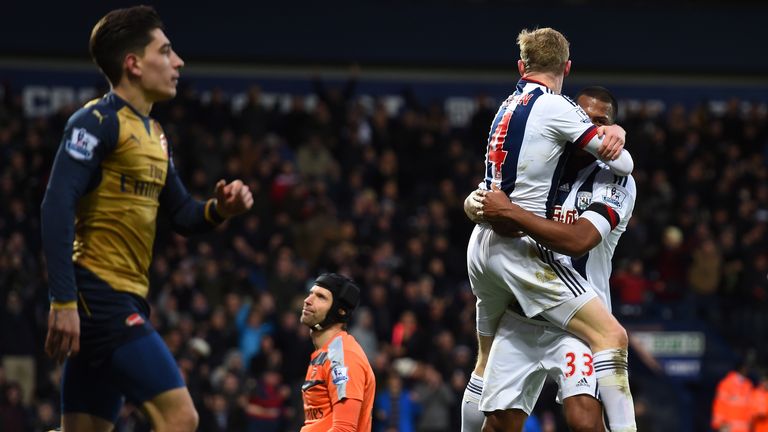 James McClean and Salomon Rondon of West Bromwich Albion celebrate after Mikel Arteta of Arsenal scores an own goal