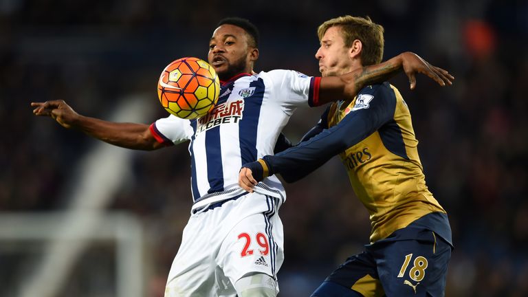 WEST BROMWICH, ENGLAND - NOVEMBER 21:  Stephane Sessegnon of West Bromwich Albion and Nacho Monreal of Arsenal compete for the ball during the Barclays Pre