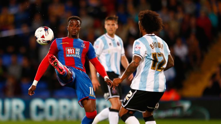 Wilfried Zaha of Crystal Palace controls the ball during the Capital One Cup second round match against Shrewsbury in August 2015