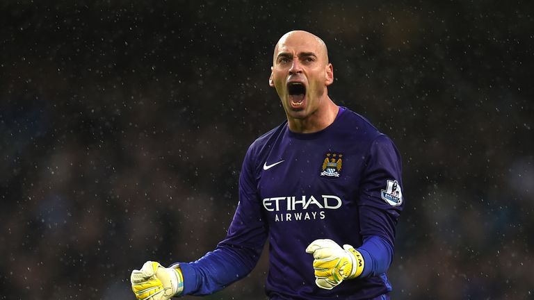 Willy Cabellero celebrates Manchester City's second goal against Southampton 