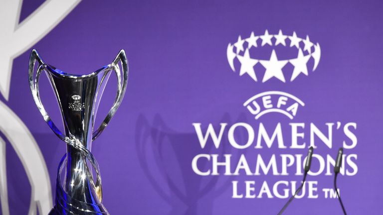 The trophy of the 2015 UEFA Women's Champions League football competition on April 27, 2015 
