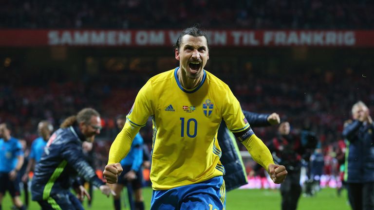 Zlatan Ibrahimovic of Sweden celebrates after the UEFA EURO 2016 Qualifier Play-Off Second Leg match between Denmark an