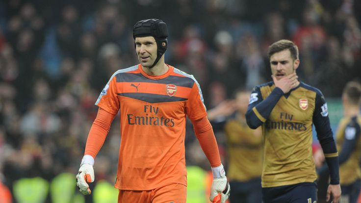 Petr Cech and Aaron Ramsey of Arsenal after the Barclays Premier League match v Aston Villa at Villa Park
