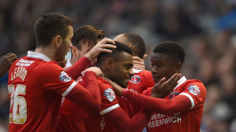 Charlton Athletic's Ademola Lookman (right) celebrates scoring their first goal with team mates 