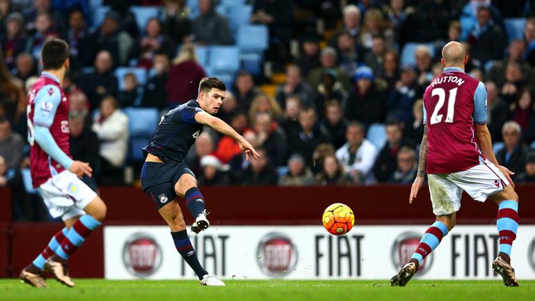 BIRMINGHAM, ENGLAND - DECEMBER 26:  Aaron Cresswell of West Ham United scores his side's first goal during the Barclays Premier League match between Aston 
