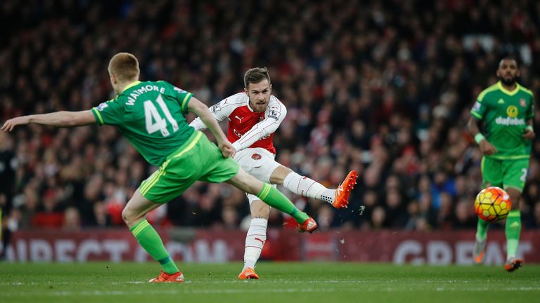 Aaron Ramsey (C) attempts a shot on goal during of the English Premier League football match between Arsenal and Sunderland