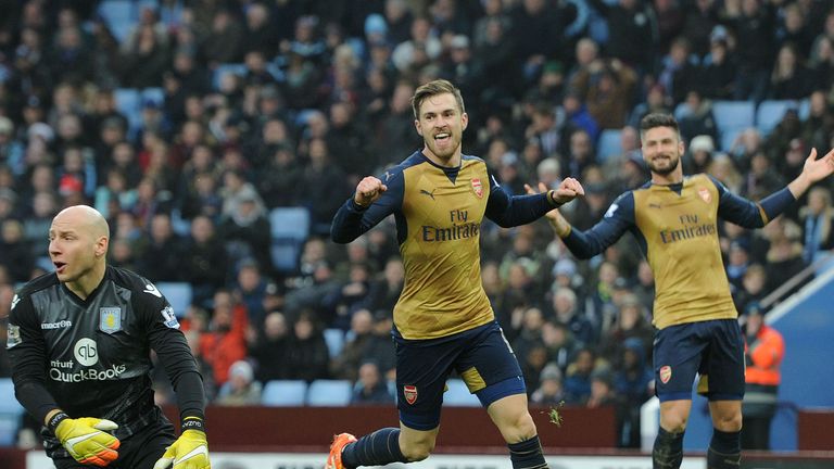 Aaron Ramsey celebrates scoring Arsenal's second goal against Aston Villa