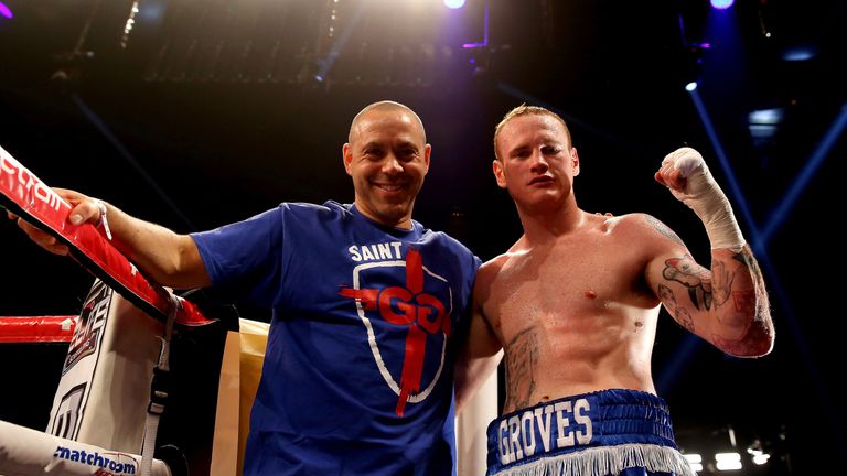 LONDON, ENGLAND - MARCH 09:  George Groves celebrates his victory over Dario Balmaceda with trainer Adam Booth during their International Super Middleweigh