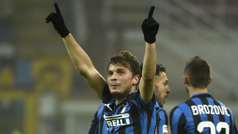 Inter Milan midfielder Adem Ljajic celebrates after scoring against Genoa