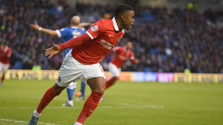 Charlton Athletic's Ademola Lookman celebrates scoring their first goal against Brighton