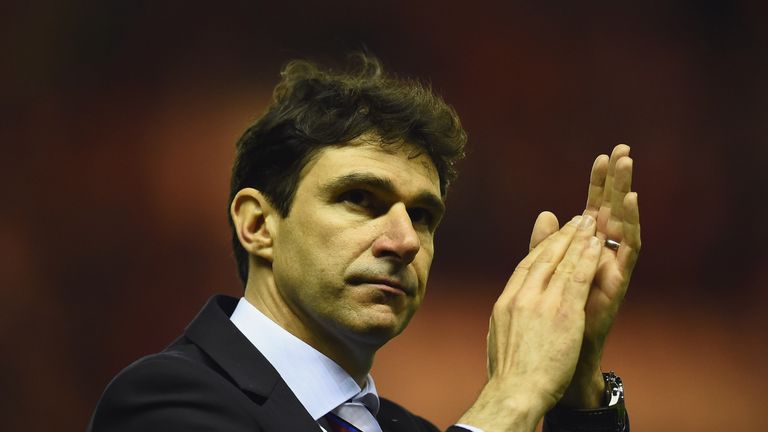 MIDDLESBROUGH, ENGLAND - MAY 15:  Aitor Karanka manager of Middlesbrough celebrates as they reach the final after the Sky Bet Championship Playoff semi fin