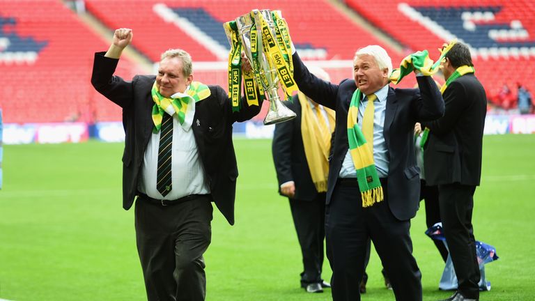 Norwich City chairman Alan Bowkett celebrates with the trophy after the Sky Bet Championship Playoff Final