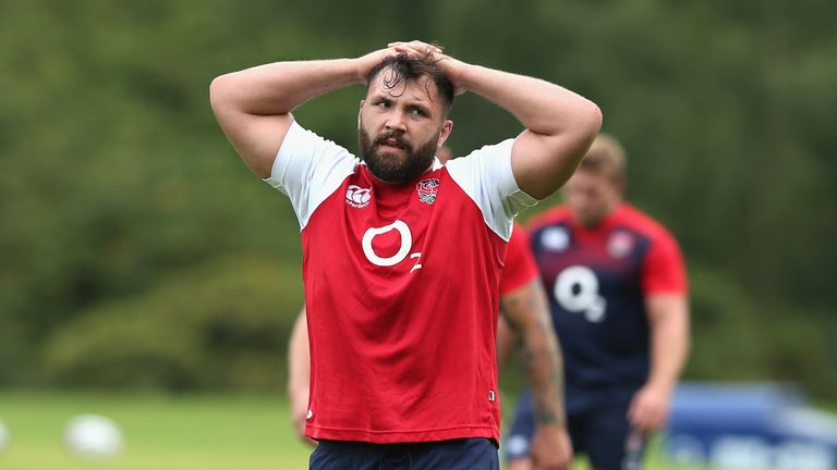 Alex Corbisiero looks on during the England training session held at Pennyhill Park on August 4, 2015 in Bagshot, England.