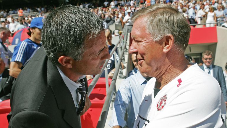 Chelsea's Portugese Manager Jose Mourinho (L) and Manchester United's Manager Sir Alex Ferguson (R) greet each other before their F.A Community Shield matc