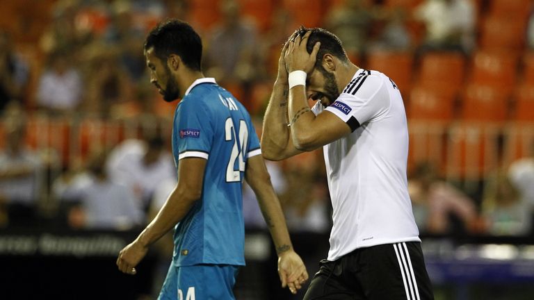 Alvaro Negredo rues a missed chance for Valencia against Lyon