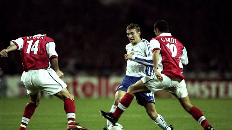 Andrei Shevchenko of Dynamo Kiev takes on Arsenal's Martin Keown and Remi Garde during the UEFA Champions League match at Wembley in October 1998