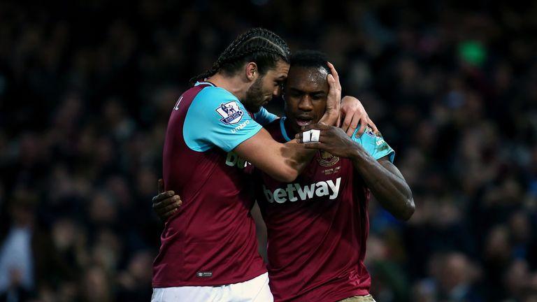 Goalscorers Michail Antonio and Andy Carroll celebrate during West Ham's win over Southampton