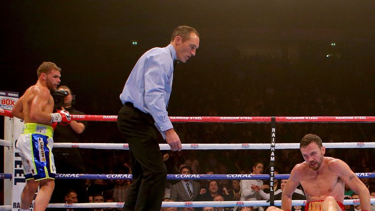 Andy Lee is floored for the first time by Billy Joe Saunders during their WBO World Middleweight title fight