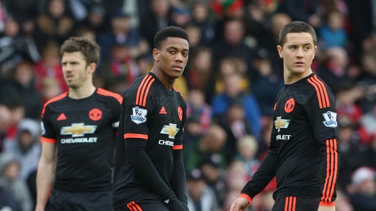 Man Utd's Anthony Martial and Ander Herrera after conceding a second goal at Stoke City at Britannia Stadium on December 26, 2015 in Stoke on Trent,