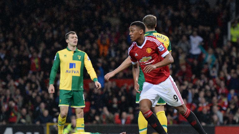 Manchester United's Anthony Martial celebrates after scoring their first goal against Norwich