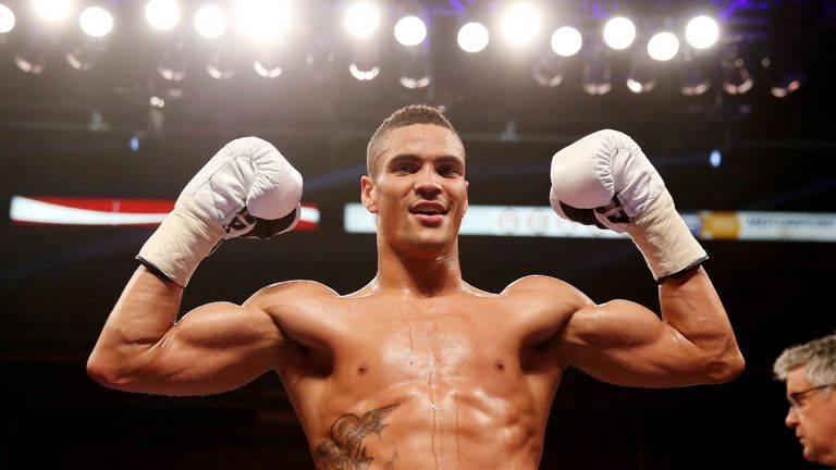 Anthony Ogogo celebrates his victory over Kieron Gray during their Middleweight bout at Motorpoint Arena 