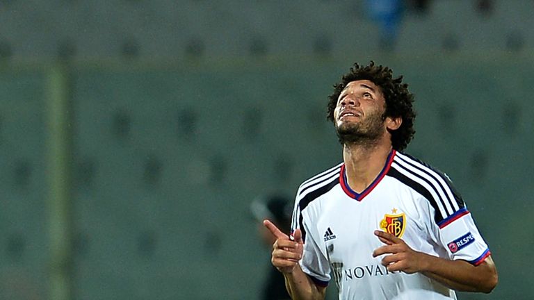 Basel's midfielder Mohamed Elneny celebrates after scoring during the UEFA Europa League football match between F