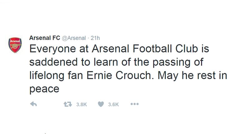 Arsenal tweeted their condolence on Sunday