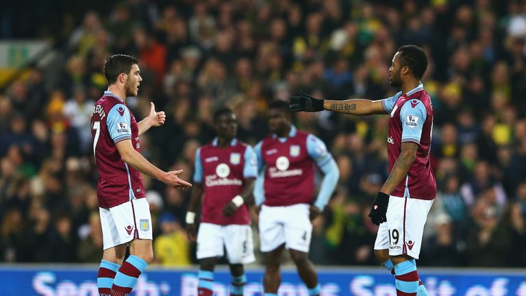 Jordan Veretout (L) and Jordan Ayew (R) of Aston Villa react after conceding Norwich City's first goal