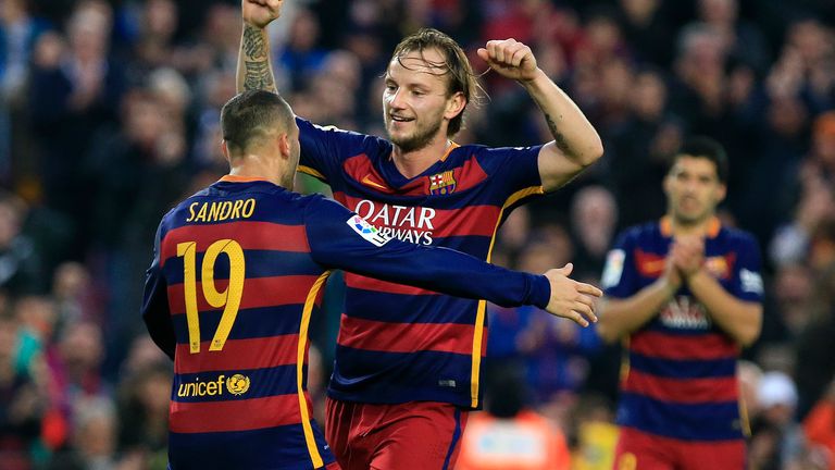 Ivan Rakitic celebrates after scoring for Barcelona