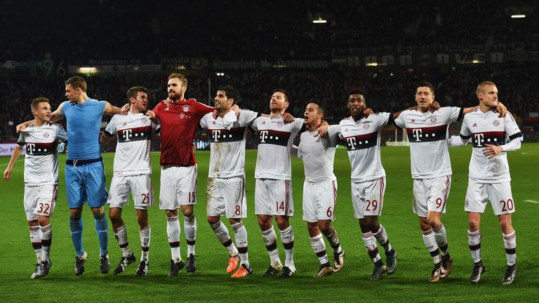 Bayern Munich's players celebrate at the end of their match against Hannover