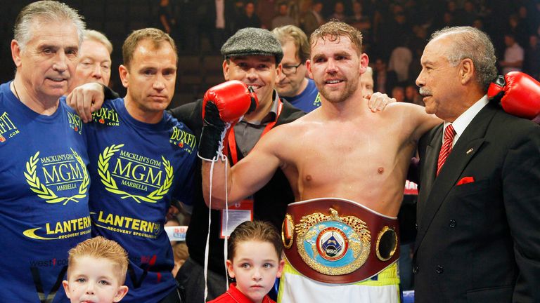 Billy Joe Saunders celebrates winning the WBO World Middleweight title at Manchester Arena.