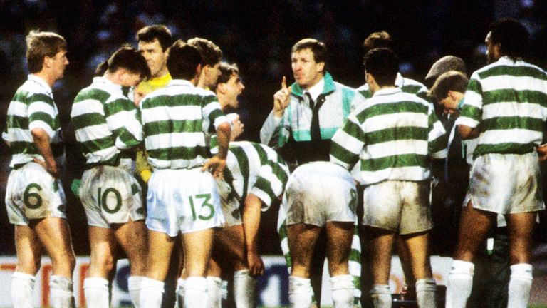 Billy McNeill gives his Celtic players instructions during a match at Hampden