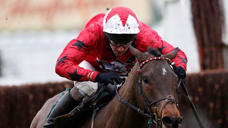 CHELTENHAM, ENGLAND - DECEMBER 11: Ryan Hatch and Blaklion clear the last to win the Harrison James Hardie Novices' Steeple Chase.