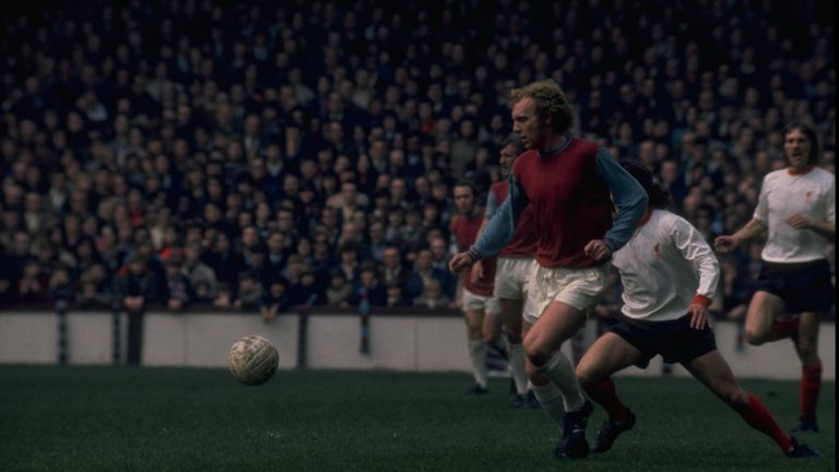 15 Apr 1972:  Bobby Moore of West Ham chases the ball during the division one match against Liverpool at Upton Park, London.