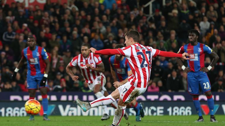 Bojan Krkic of Stoke City converts the penalty to put his team level against Crystal Palace