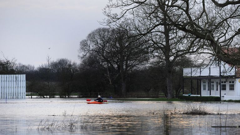 The cricket ground at Bolton Percy near Tadcaster covered with floodwater
