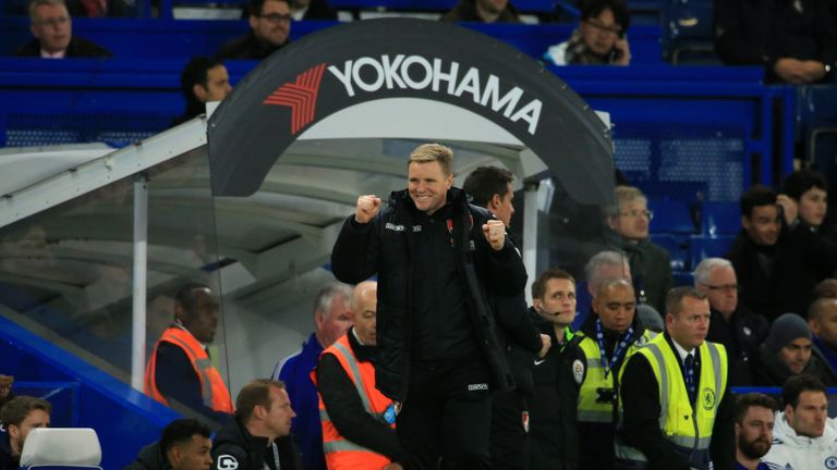 Bournemouth manager Eddie Howe celebrates at the final whistle after his side beat Chelsea