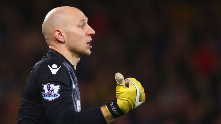 Brad Guzan of Aston Villa instructs during the Barclays Premier League match against Norwich City