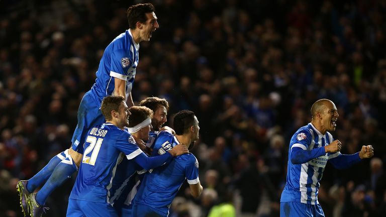 Brighton celebrate their winning goal against Charlton. 