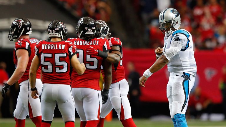 Cam Newton #1 of the Carolina Panthers reacts to a play during the first half against the Atlanta Falcons