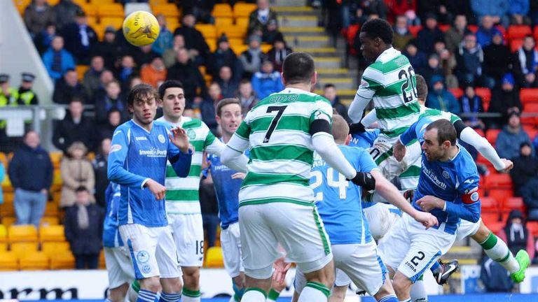 Celtic's Dedryck Boyata (top) heads home his side's second goal of the game against St Johnstone, Dec 13 2015