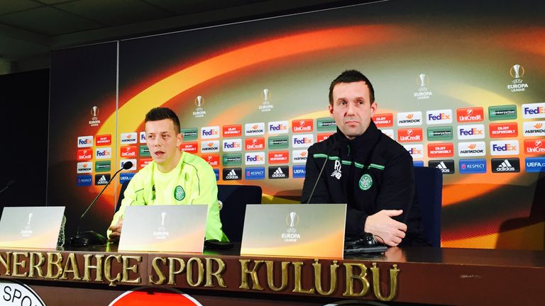 Celtic manager Ronny Deila (right) and player Callum McGregor during a press conference ahead of the UEFA Europa League game at Fenerbahce